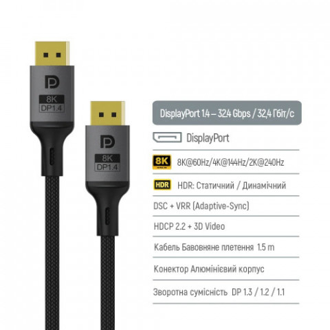 Кабель ColorWay DisplayPort-DisplayPort V1.4 8K 1.5м, Black (CW-CBDP093-BK)