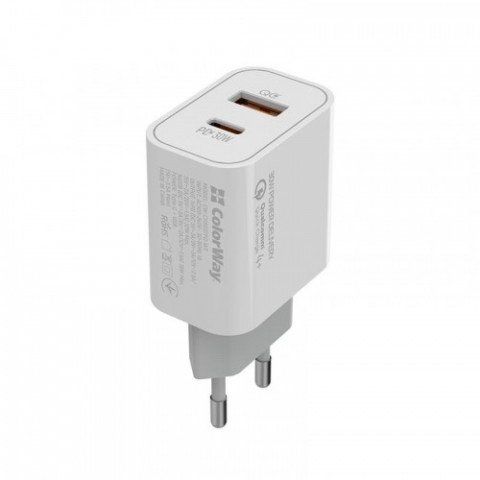 Мережевий зарядний пристрій ColorWay Power Delivery Port PPS (Type-C PD + USB QC3.0) (30W) White (CW-CHS037PD-WT)