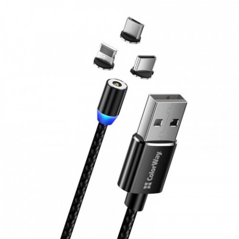 Кабель ColorWay Magnetic USB-Lightning/MicroUSB/USB-C, 2.4А, 1м, Black (CW-CBUU020-BK)