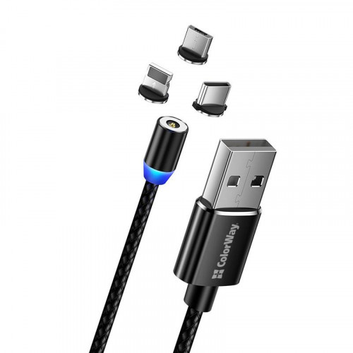 Кабель ColorWay Magnetic USB-Lightning/MicroUSB/USB-C, 2.4А, 1м, Black (CW-CBUU020-BK)