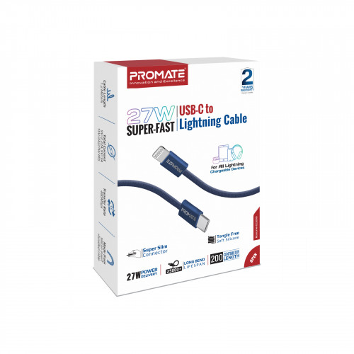 Кабель Promate USB Type-C - Lightning (M/M), 3 A, 27 W, 1.2 м, EcoLine-Ci120 Navy (ecoline-ci120.navy)