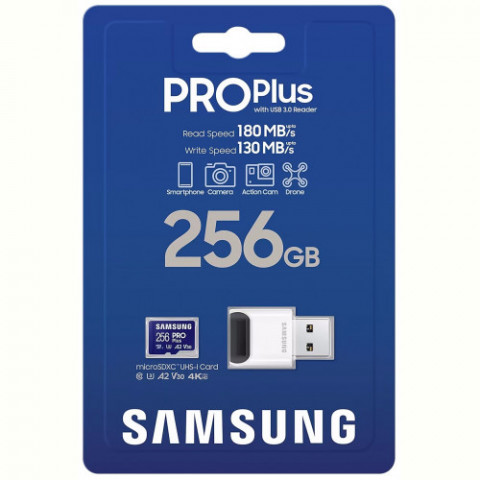 Карта пам`яті MicroSDXC 256GB UHS-I/U3 Samsung Pro Plus R180/W130MB/s + OTG Card reader (MB-MD256SB/WW)