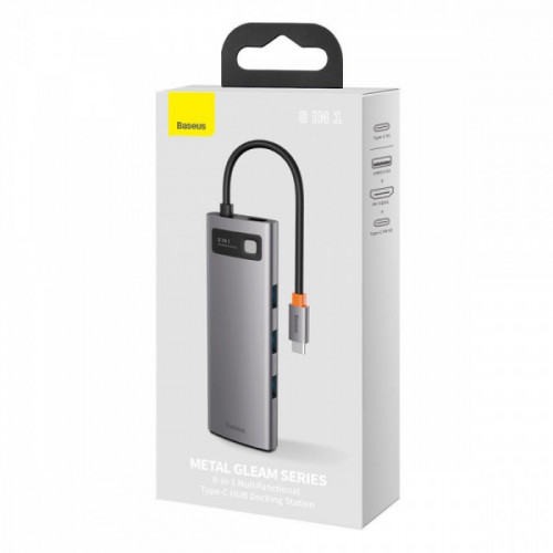 Type-C-Хаб Baseus Metal Gleam Series 8-in-1 Multifunctional (Type-C to HDMI*1+USB3.0*3+PD*1+RJ45*1+SD/TF*1) gray Купити в Україні