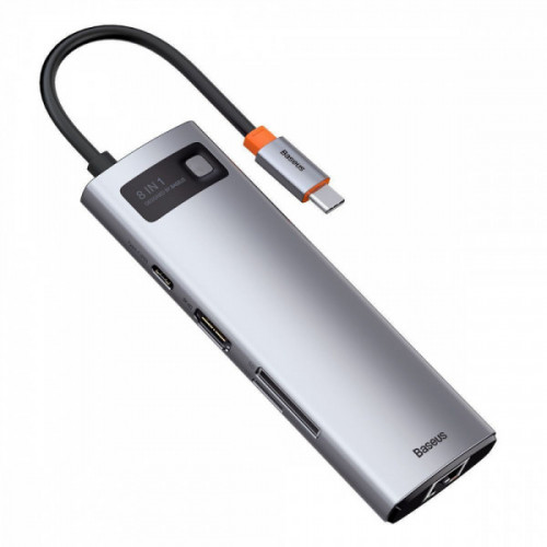 Type-C-Хаб Baseus Metal Gleam Series 8-in-1 Multifunctional (Type-C to HDMI*1+USB3.0*3+PD*1+RJ45*1+SD/TF*1) gray Купити в Україні