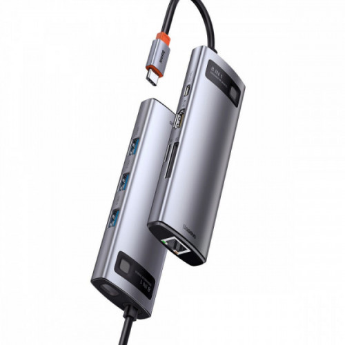 Type-C-Хаб Baseus Metal Gleam Series 8-in-1 Multifunctional (Type-C to HDMI*1+USB3.0*3+PD*1+RJ45*1+SD/TF*1) gray Купити в Україні