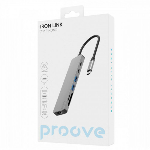 Type-C-Хаб Proove Iron Link 7 in 1 (2*Type-C + 2*USB3.0 + HDMI + SD/TF) silver Купити в Україні