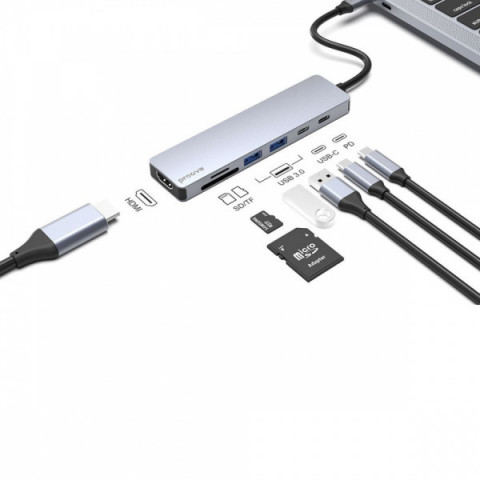 Type-C-Хаб Proove Iron Link 7 in 1 (2*Type-C + 2*USB3.0 + HDMI + SD/TF) silver Купити в Україні