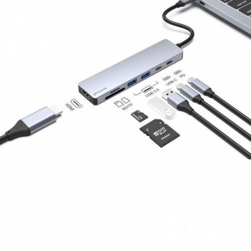 Type-C-Хаб Proove Iron Link 7 in 1 (2*Type-C + 2*USB3.0 + HDMI + SD/TF) silver Купити в Україні