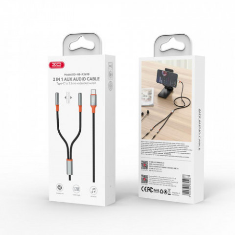 Кабель XO AUX 2х3.5 мм - USB Type-C (F/M), 1 м, Black (NB-R269B.black)