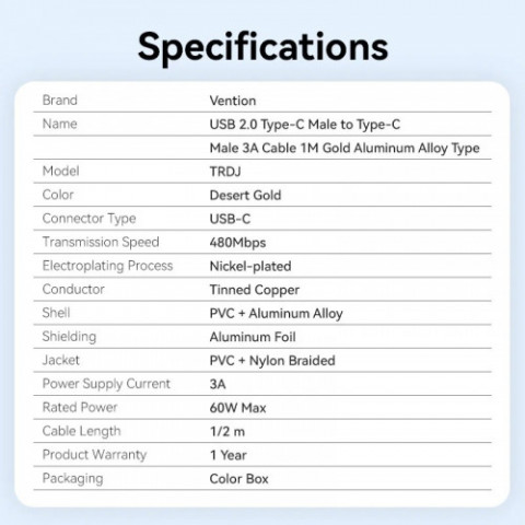 Кабель Vention USB Type-C - USB Type-C (M/M), 60W, 3A, 2 м, Copper (TRDJH)