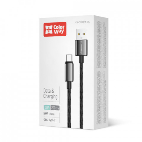 Кабель ColorWay USB - USB Type-C (M/M), zinc alloy braided, 3А, 2 м, Black (CW-CBUC099-BK)