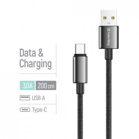 Кабель ColorWay USB - USB Type-C (M/M), zinc alloy braided, 3А, 2 м, Black (CW-CBUC099-BK)