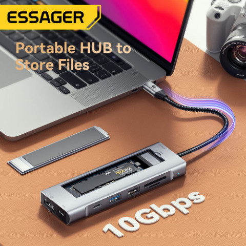 USB-хаб Essager 8 in 1 USB-C Hub with 10Gbps M.2 NVMe SSD Enclosure (EHB08-QK0G-Z)