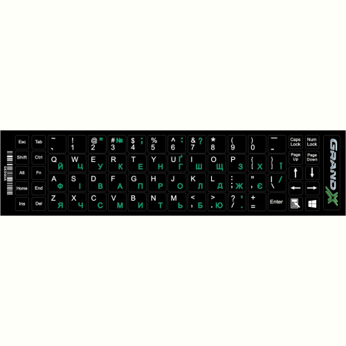 Наліпка на клавіатуру Grand-X 68 keys Green, Latin Ukr white (GXDGUA)