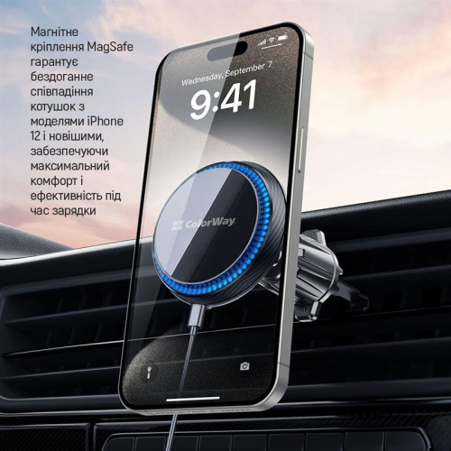 Бездротовий зарядний пристрій СolorWay MagSafe 360° Air Vent 15W Black(CW-CHMW041Q-BK)