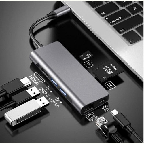 Мережевий адаптер USB-C ProLogix (PR-WUC-105B) 7 in 1 USB3.1 Type C to HDMI+2*USB3.0+PD+Lan+TF+SD