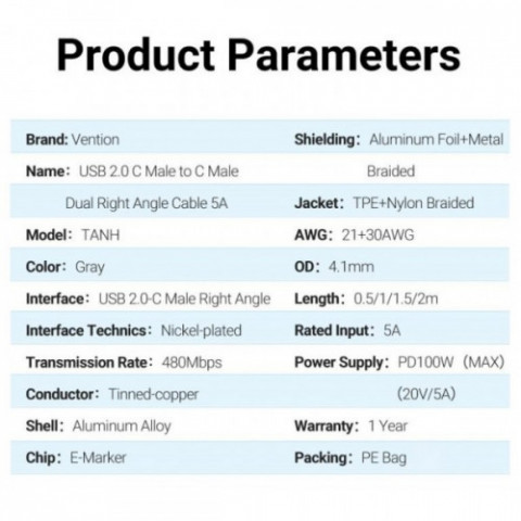Кабель Vention USB Type-C - USB Type-C (M/M), 1.5 м, Grey (TANHG)