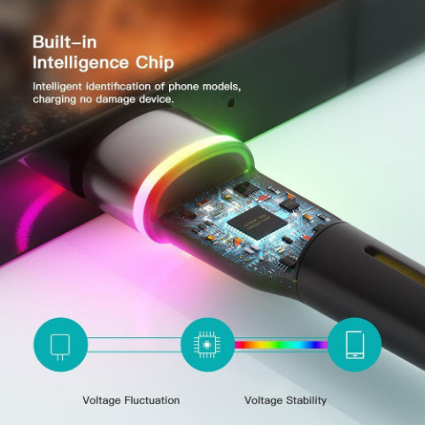 Кабель Essager Colorful LED USB - USB Type-C (M/M), 3A, 2 м Black (EXCT-XCDA01)