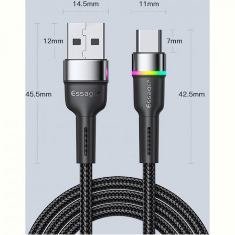 Кабель Essager Colorful LED USB - USB Type-C (M/M), 3A, 2 м Black (EXCT-XCDA01)