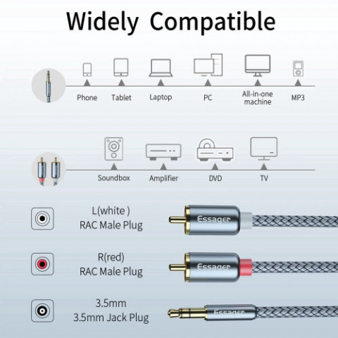 Кабель Essager Monster 3.5 мм - 2xRCA (M/M), 2 м, Grey (EYPZJ-MYA0H)