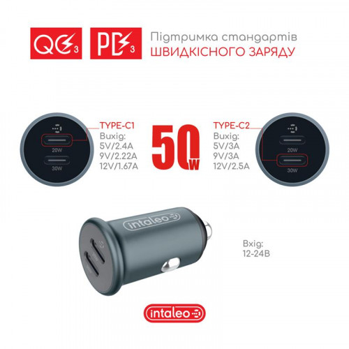 Автомобільний зарядний пристрій Intaleo CCGQPD250 (2USB, 3A) Grey (1283126559518)