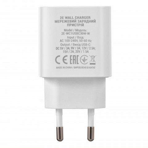 Мережевий зарядний пристрій 2E (1USB 3A) 30W White (2E-WC1USBC30W-W)
