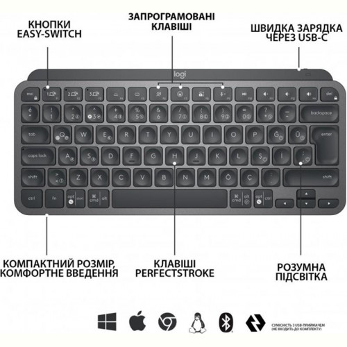 Клавіатура бездротова Logitech MX Keys Mini Wireless Illuminated UA Graphite (920-010498)