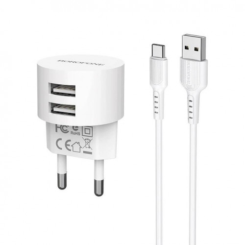 Автомобільний зарядний пристрій Borofone BA23A Brilliant (2USB, 2.4А) White (BA23ACW) + кабель Type-C