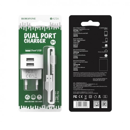 Автомобільний зарядний пристрій Borofone BA23A Brilliant (2USB, 2.4А) White (BA23ACW) + кабель Type-C