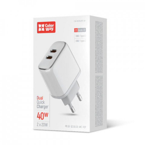 Мережевий зарядний пристрій ColorWay Power Delivery Port PPS USB (Type-C PD + Type-C PD) (40W) White (CW-CHS048PD-WT)