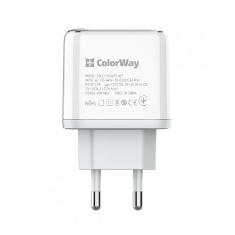 Мережевий зарядний пристрій ColorWay Power Delivery Port PPS USB (Type-C PD + Type-C PD) (40W) White (CW-CHS048PD-WT)