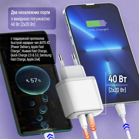 Мережевий зарядний пристрій ColorWay Power Delivery Port PPS USB (Type-C PD + Type-C PD) (40W) White (CW-CHS048PD-WT)