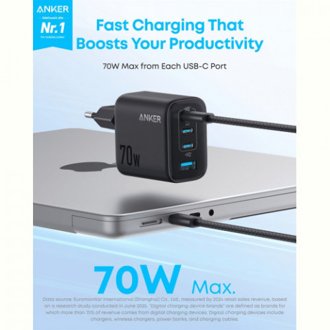 Мережевий зарядний пристрій Anker Charger 70W, 3xUSB-C, 1xUSB-A, Black (A121CG11)