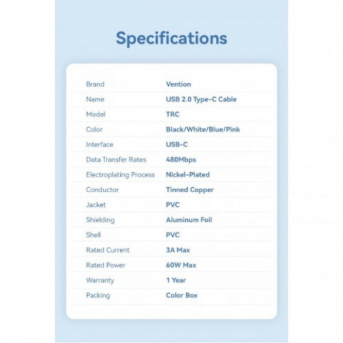 Кабель Vention USB Type-C - USB Type-C (M/M), 1 м, Blue (TRCSF)