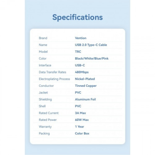 Кабель Vention USB Type-C - USB Type-C (M/M), 1 м, Blue (TRCSF)