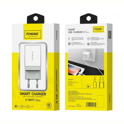 Мережевий зарядний пристрій Foneng K210 Charger (1USBх2.1A) White (K210-CH)