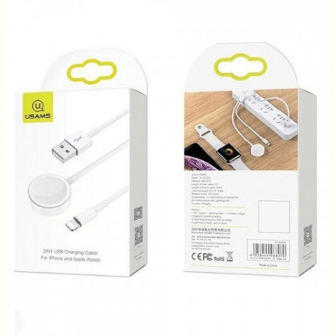 Бездротовий зарядний пристрій Usams US-CC076 2in1 USB Charging Cable for iPhone & Apple Watch White (CC076WH01)