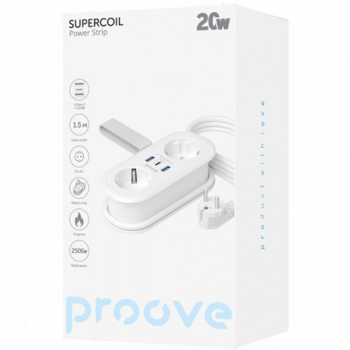 Мережевий фільтр Proove Supercoil 20W (2xAC + Type-C + 2xSB) 1.5m white Купити в Україні