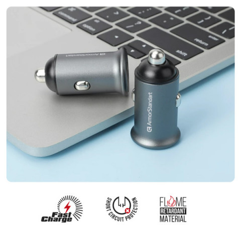 Автомобільний зарядний пристрій ArmorStandart 2xUSB QC3.0 Grey + кабель USB-C (ARM82459)