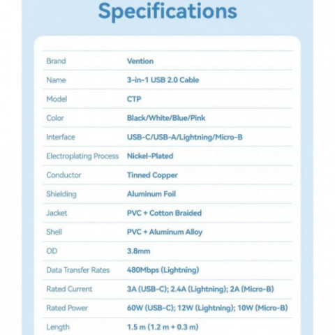 Кабель Vention USB - USB Type-С/microUSB/Lightning (M/M), 60W, 3А, 1.5 m, Black (CTPBG)