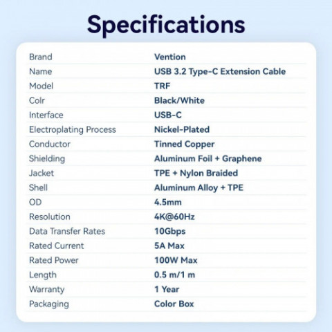 Кабель Vention USB Type-C - USB Type-C (M/F), 100W, 5A, 0.5 м, Black (TRFBD)