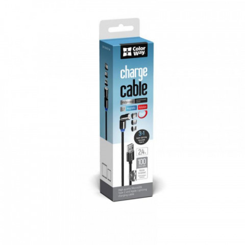 Кабель ColorWay USB - Lightning + micro USB + USB Type-C (M/M), Magnetic Rotation 540°, 2.4 А, 1 м, Black (CW-CBUU037-BK)