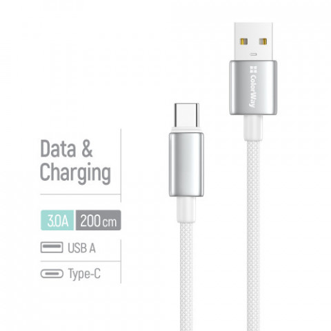Кабель ColorWay USB - USB Type-C (M/M), zinc alloy braided, 3А, 2 м, White (CW-CBUC099-WT)