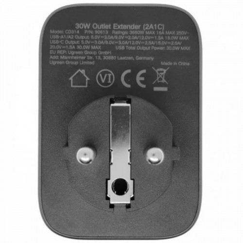 Зарядний пристрій Ugreen CD314 30W Outlet Extender (2хUSB-A+USB-C) Black (90613)