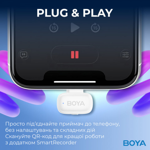 Бездротовий петличний мікрофон BOYA mini-13 Type-C/Lightning White Купити в Україні