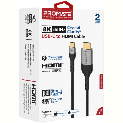Кабель Promate USB Type-C - HDMI V 2.1 (M/M), 1.8 м, Grey (mediacord-8k.grey)