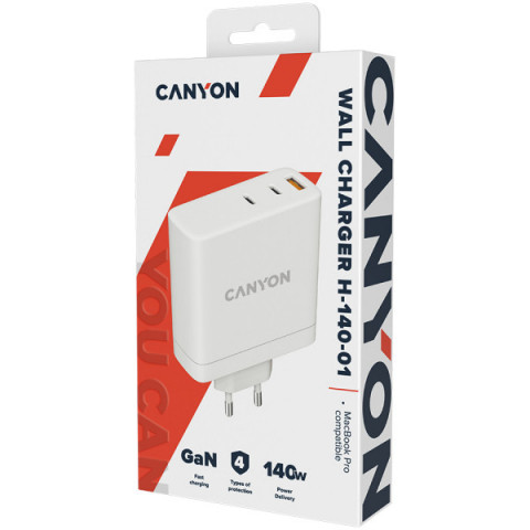 Мережевий зарядний пристрій Canyon H-140-01 GaN PD 140W QC 3.0 30W White (CND-CHA140W01)