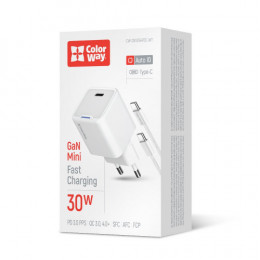 Мережевий зарядний пристрій ColorWay GaN Mini 30W PD Port PPS USB-C White (CW-CHS054PDC-WT) + кабель USB Type-C