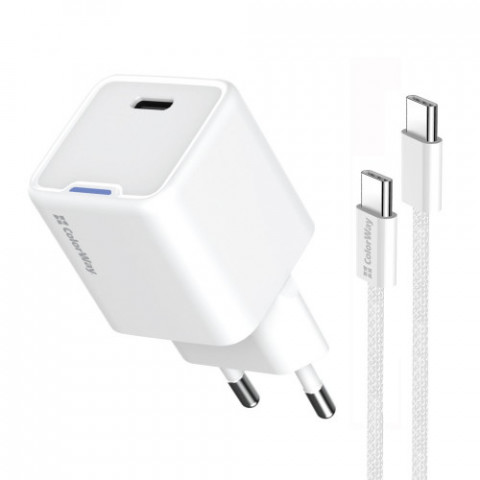 Мережевий зарядний пристрій ColorWay GaN Mini 30W PD Port PPS USB-C White (CW-CHS054PDC-WT) + кабель USB Type-C