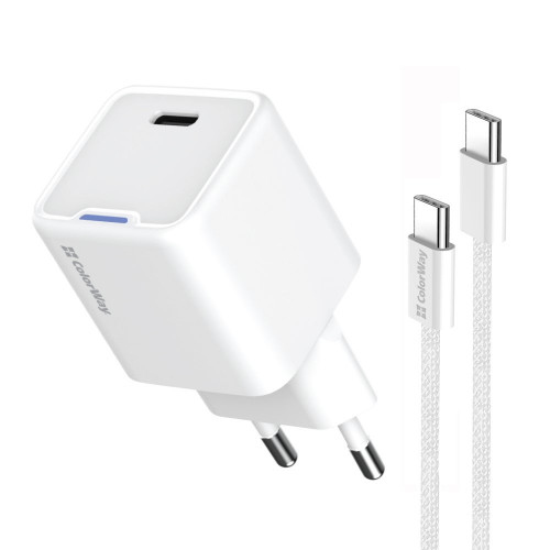 Мережевий зарядний пристрій ColorWay GaN Mini 30W PD Port PPS USB-C White (CW-CHS054PDC-WT) + кабель USB Type-C